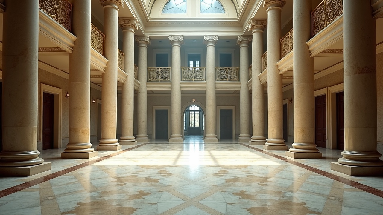 Marble columns and gilded balconies in the empty atrium of a nineteenth-century gaming house