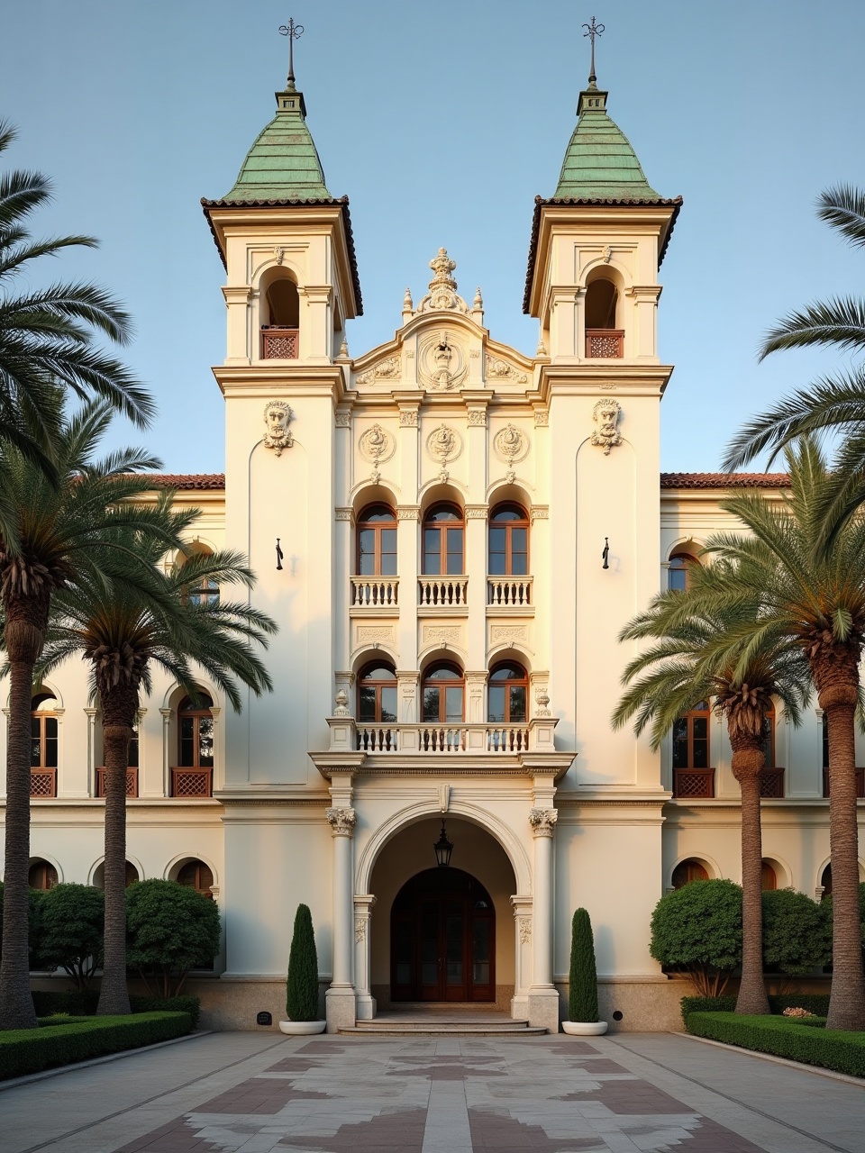 Cream stone facade and green copper towers of a Belle Époque casino building above a palm-lined forecourt