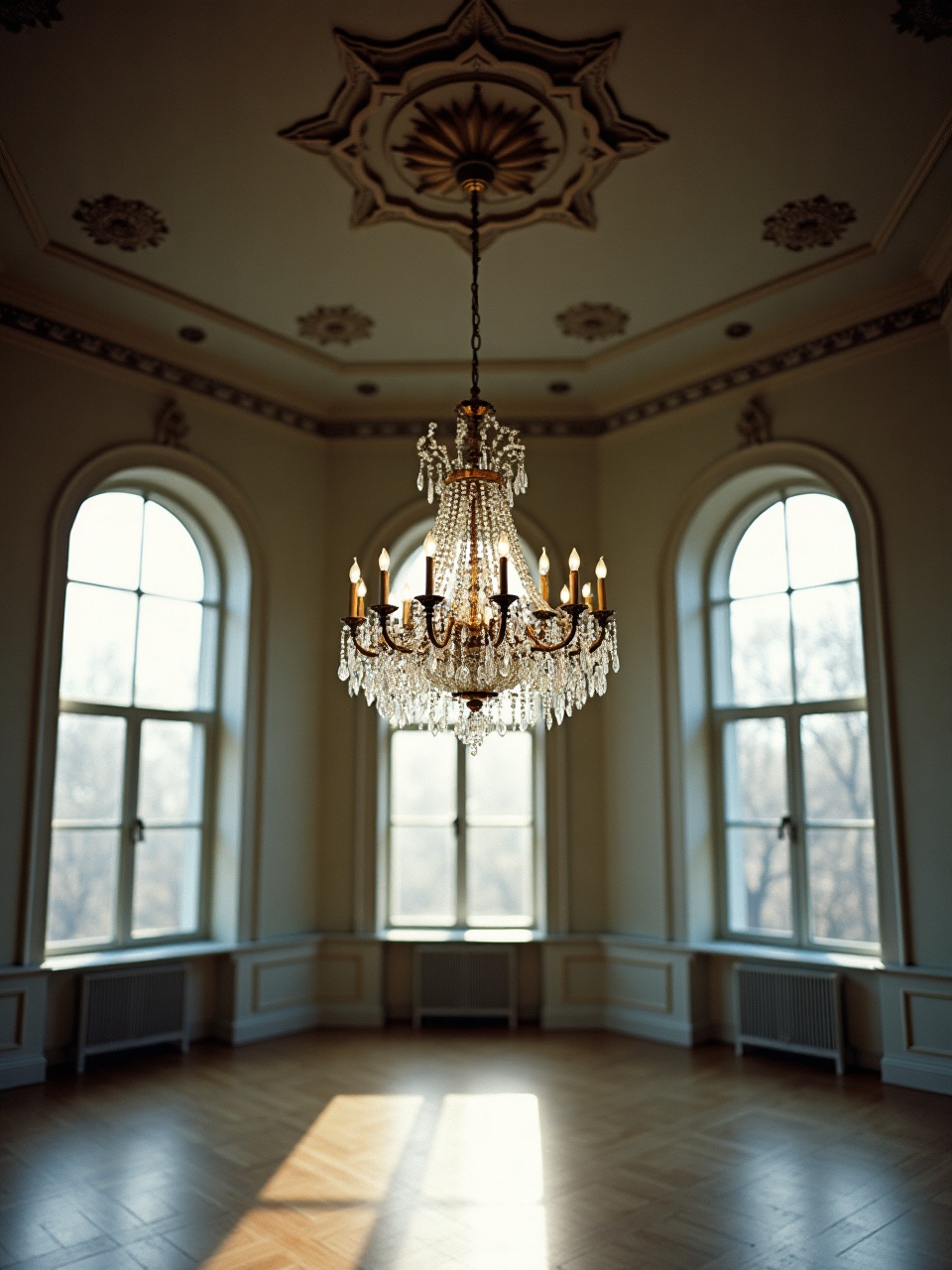 A brass and crystal chandelier hanging from an ornate plaster ceiling in an empty salon