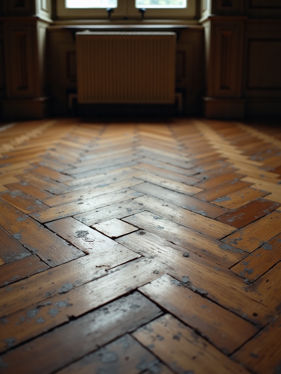 Worn herringbone parquet flooring polished by decades of use, in raking daylight